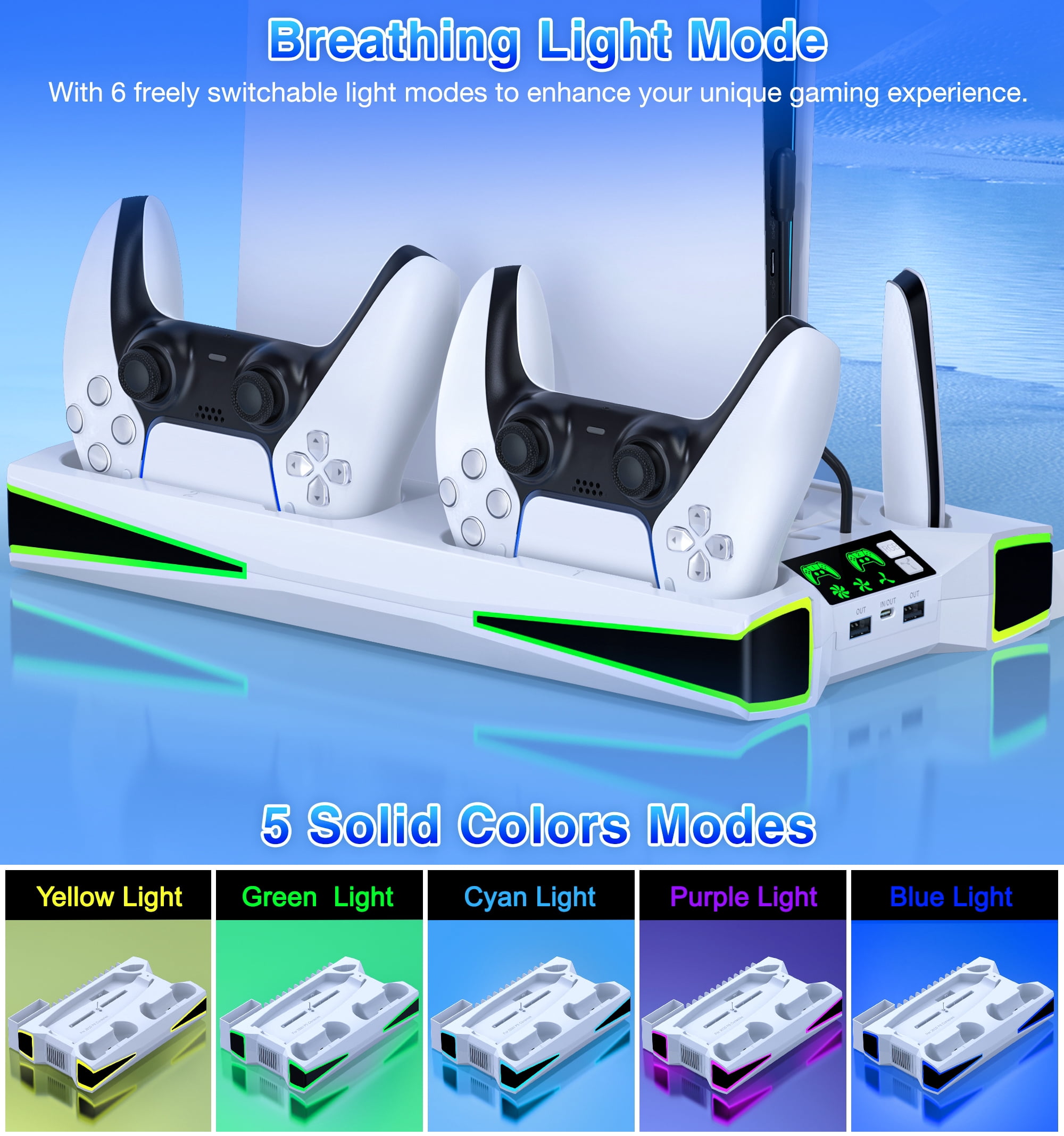 PS5 Stand Cooling Station for PS5/PS5 Slim with Controller Charger, ESYWEN PS5 Accessories for PlayStation 5- White