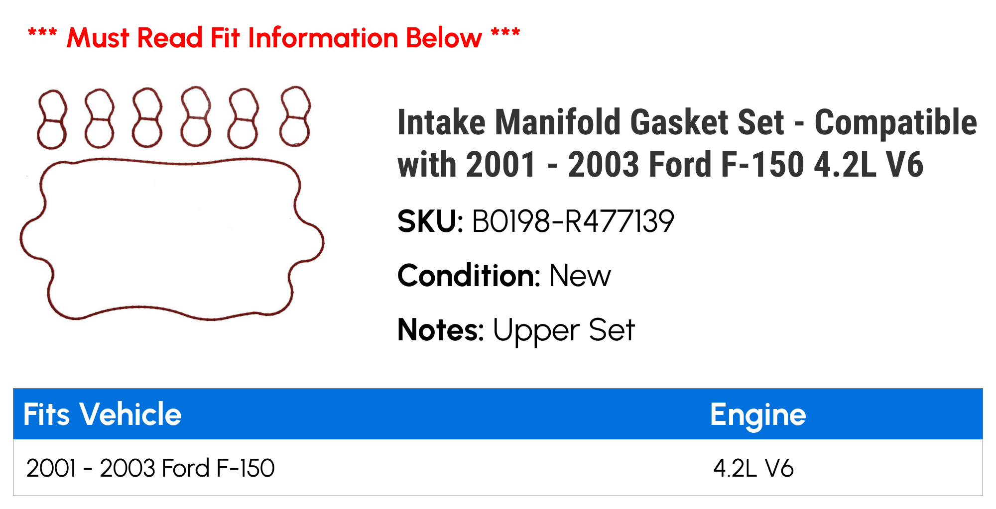 Intake Manifold Gasket Set - Compatible with 2001 - 2003 Ford F-150 4.2L V6 2002