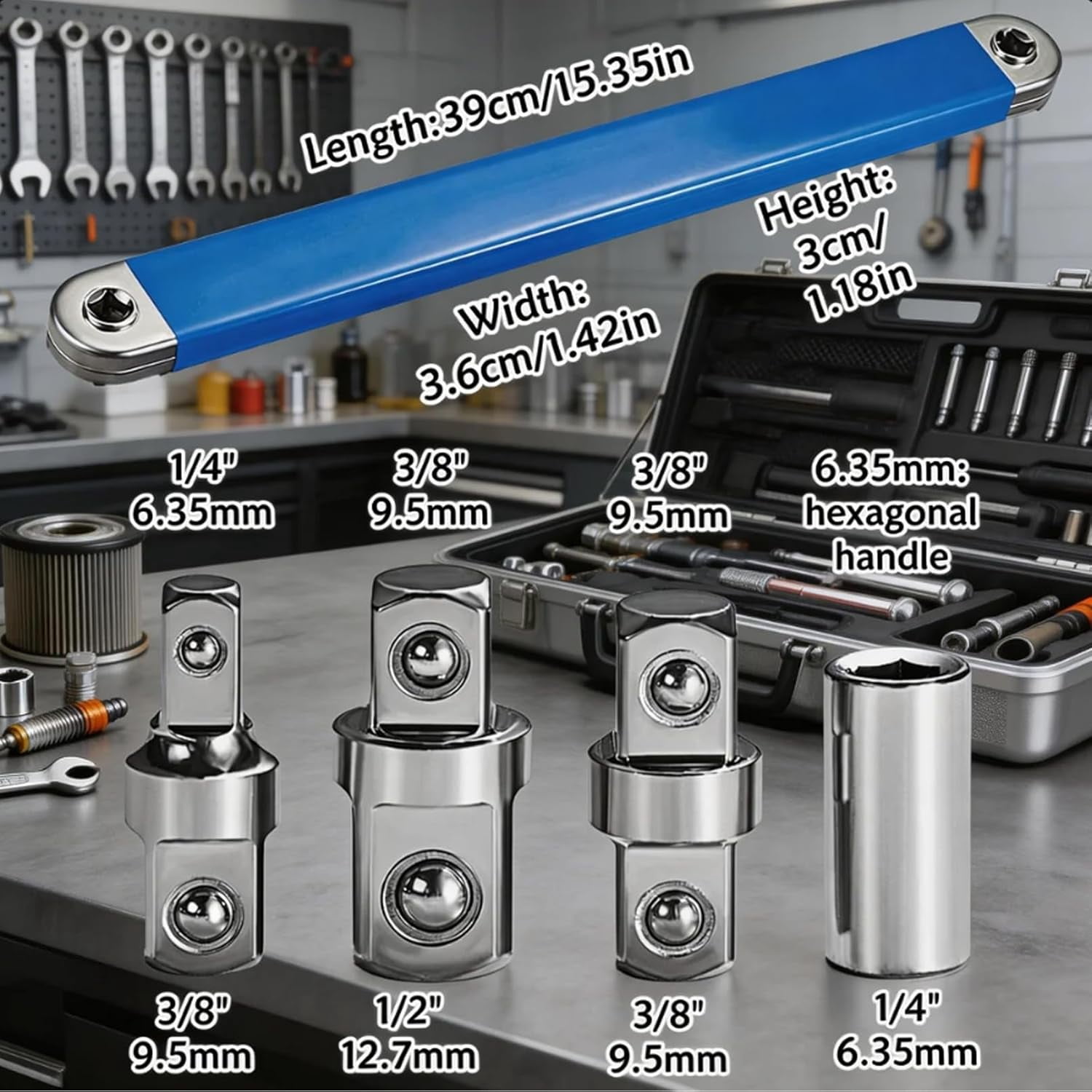 Professional Offset Wrench Extension Set, 15 Inch Long Reach Tool For Tight Spaces, With 1/2, 1/4 And 3/8 Inch Square Drive Adapters, (Long)