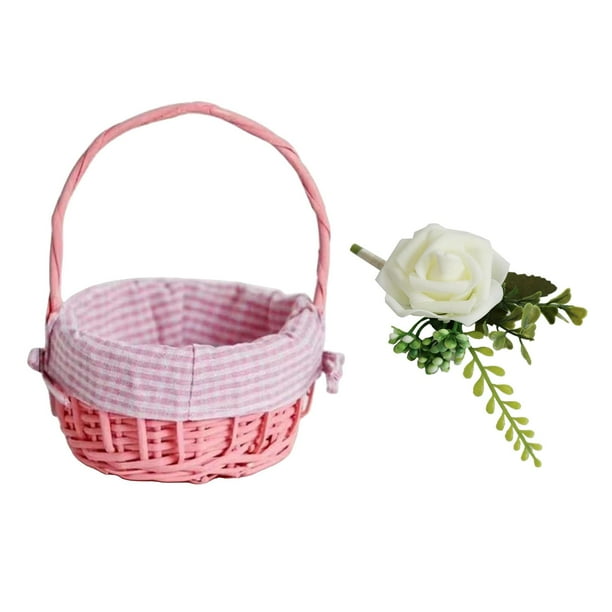 Cesta de mimbre tejida a mano con flores artificiales de rosas para novios y banquetes. Canasta Rosa Blanca Rosa