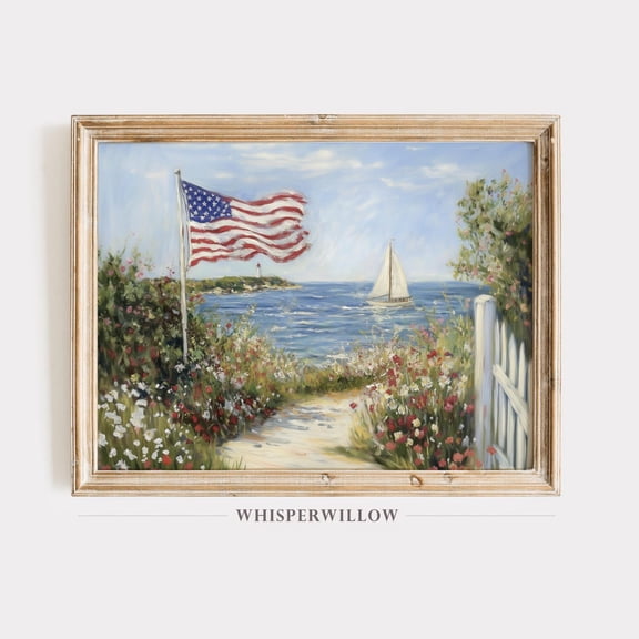 Coastal Patriotic Summer Scene,, American Flag, Sailboat, Summer Flowers Ocean, Lighthouse Wall Art Home Decor, 8x12 UNFRAMED