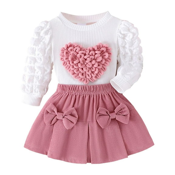 Baby Girls Spring And Autumn Long Sleeve Heart Blouse   Bow Skirt Two Piece Set