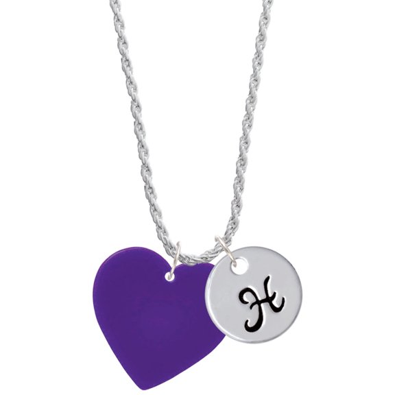 Delight Jewelry Acrylic 1" Purple Heart Silvertone Script Initial Disc - H - Charm Necklace, 20" 3"
