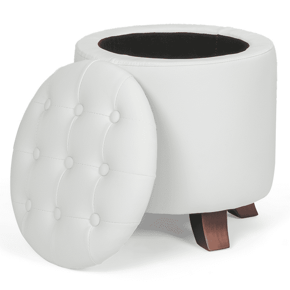 Wubio 17" Round Storage Ottoman PU Leather White Footstool w/Removable Lid Wood Legs