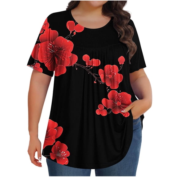 Womens Pleated Graphic Tees Plus Size Clothes Crew Neck Floral Tshirts Casual Trendy Summer Tops Red, 4XL