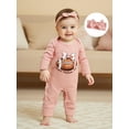 thumbnail image 6 of Qmyliery Newborn Baby Girl Fall Outfit Football/Golf Print Long Sleeve Ribbed Romper Bow Headband 2 Piece Set, 6 of 9