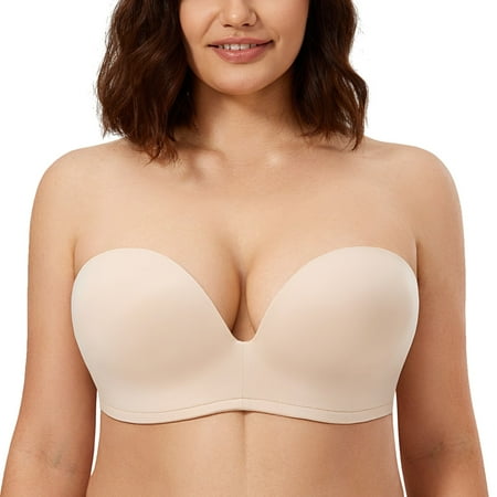 

Delimira Women s Plus Size Underwire Strapless Bras Slightly Lined Invisible Push Up Seamless Plunge Bras