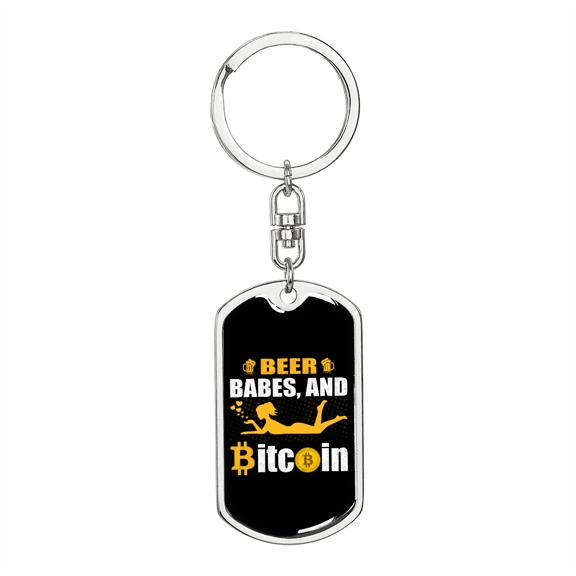 Beer Babes and Bitcoin Crypto Stainless Steel or 18k Gold Premium Swivel Dog Tag Keychain