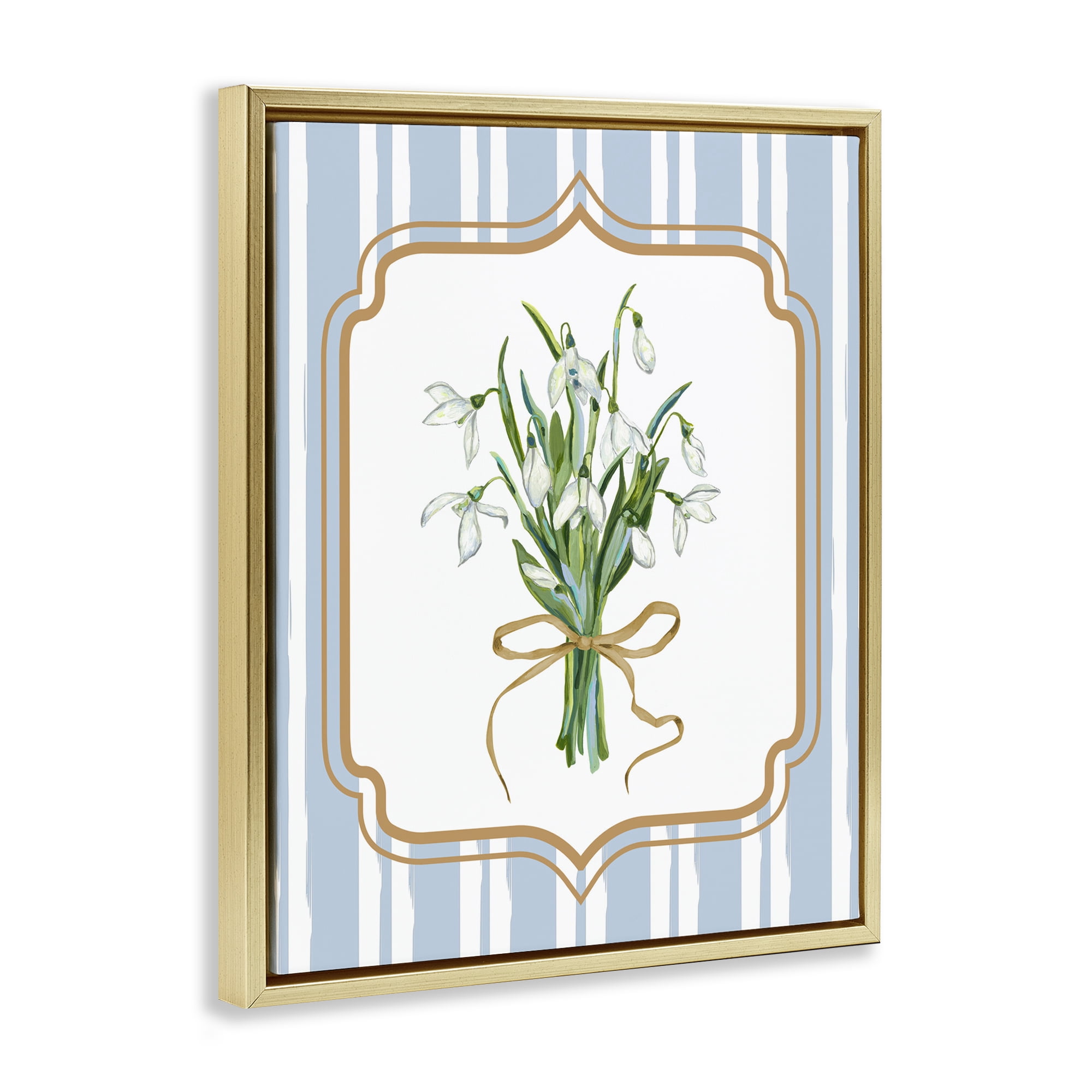 White Flower Bundle on Stripes Gold Framed Floater Canvas Wall Art, design by Adonna Ebrahimi