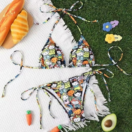 Sanrio Cinnamoroll 2 Pcs Bikini Hello Kitty Swimsuit Set for Women Cute Sexy Side Strap Lingerie Bra Thong Beach Hotties