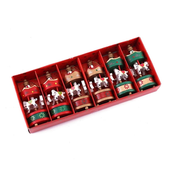 Pack of 6 Small Wood Carousel Ornament Handcrafted Christmas Home Decors