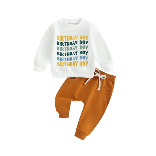 Fortune Toddler Boy Birthday Outfits Letter Print Sweatshirts Solid Color Long Pants 2Pcs Fall Set 0-3 Years