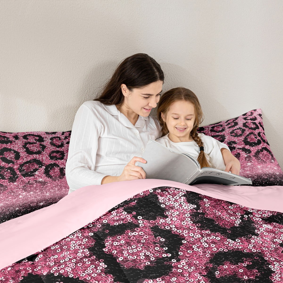 jejeloiu Pink Leopard Pattern Bedding Comforter Set,Modern Cheetah