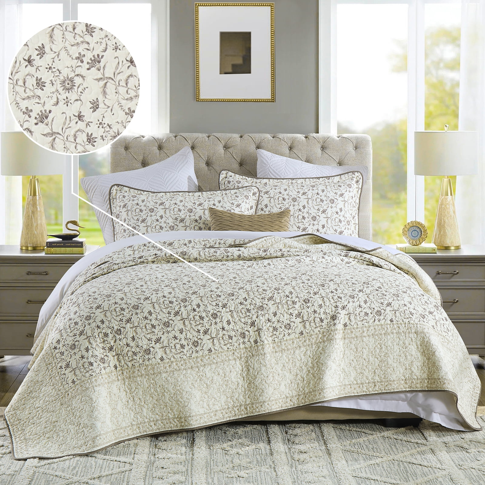 DDUOXIN Floral Beige Queen Size Quilts - 100% Cotton Queen Size Bedspread Quilt Set, Flower Quilted Bedspreads for Queen Bed, Lightweight Reversible Bedding Set for All-season, Purple/Beige Brown