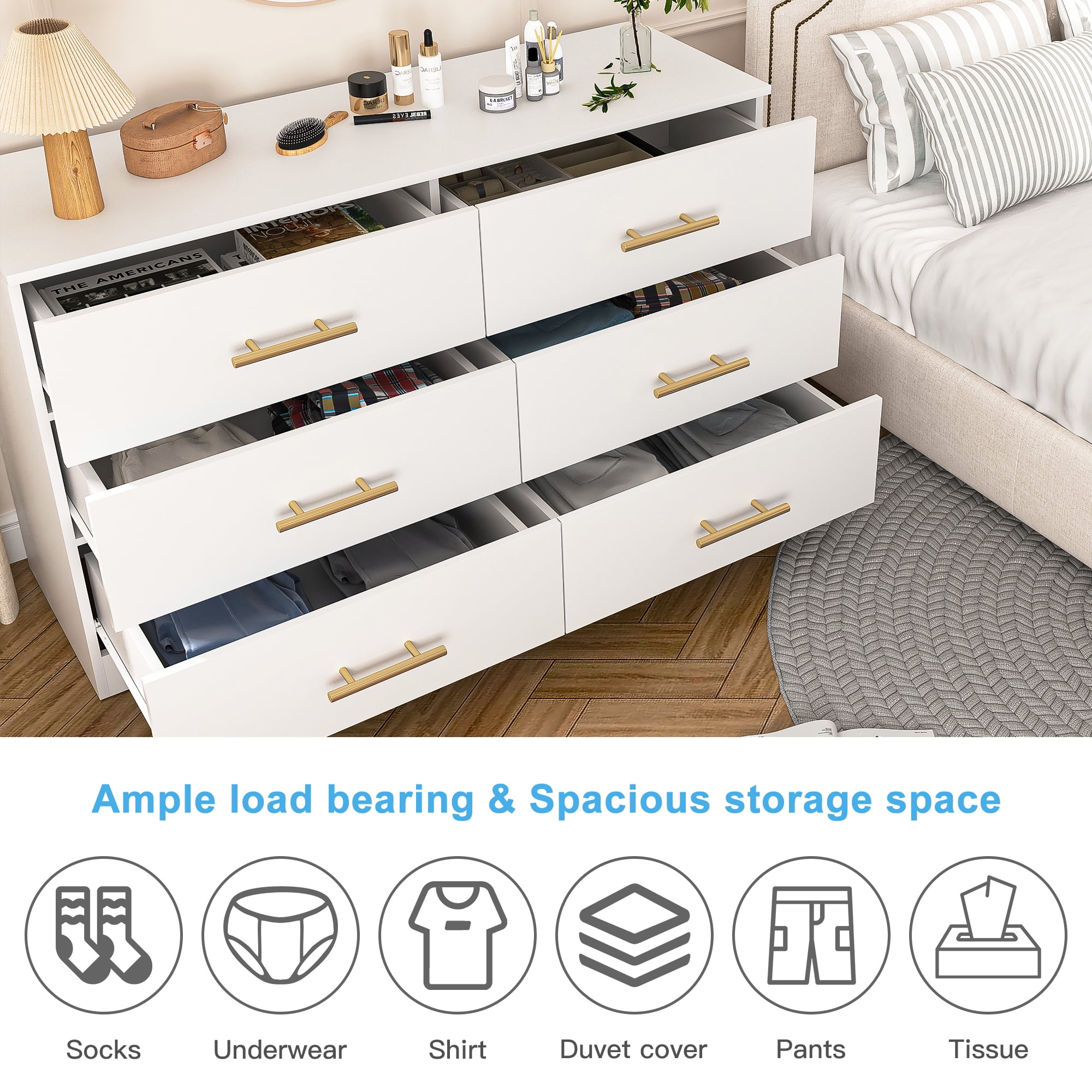 YYAo Wooden 6 Drawer Dresser, Large Modern Chest of 6 Drawers Night Table, TV Stand for 55" TV for Bedroom, Closet, Living Room, White YYAo Wooden 6 Drawer Dresser, Large Modern Chest of 6 Drawers Night Table, TV Stand for 55" TV for Bedroom, Closet, Living Room, White
