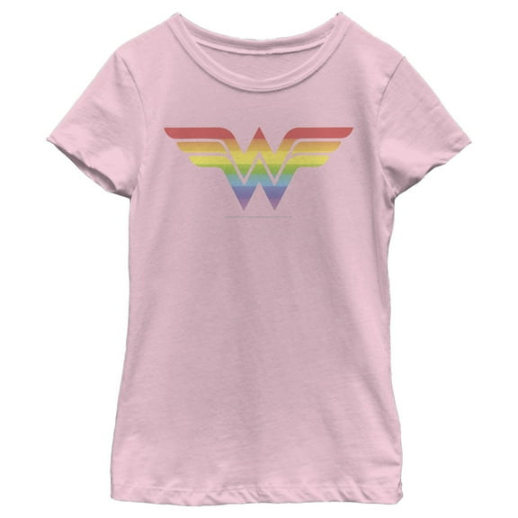 Girl's Wonder Woman Rainbow Classic Logo  Graphic Tee Light Pink X Small