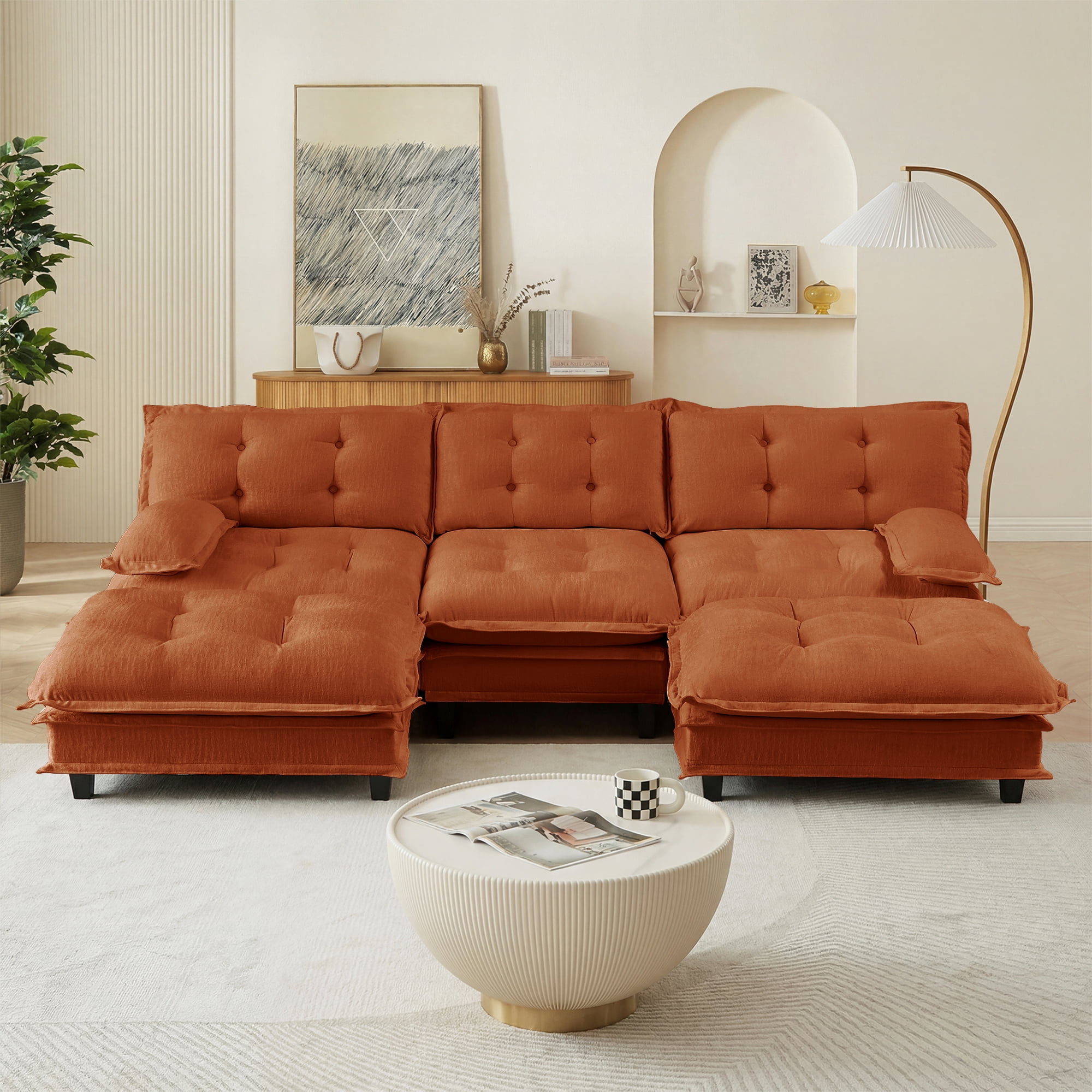 MAYEERTY 107 Inch U-Shaped Sectional Sofa with 2 Ottomans, Chenille 3-Seater Modular Couch, Solid Wood & Metal Frame for Living Room Bedroom Apartment