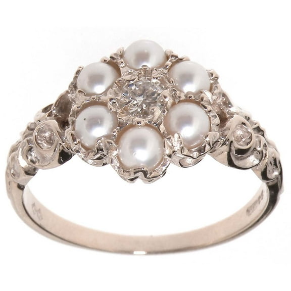 LBG 925 Sterling Silver Cultured Pearl & Real Diamond Womens Band Ring - Size 10 (0.09 cttw, H-I Color, I2-I3 Clarity)