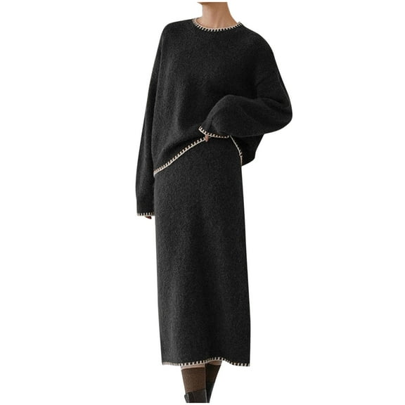 zfwon 2 Piece Skirts Sets for Women Elegant Solid Color Knit Dress Set Round Neck Long Sleeve Sweater and Midi Skirt Stretchy Bodycon Lounge Travel Outfits Winter