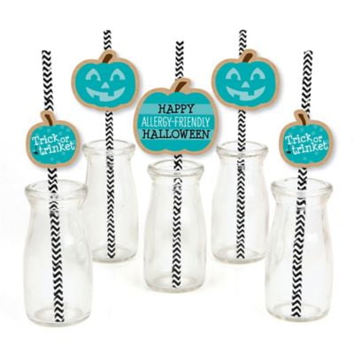 Teal Pumpkin - Paper Straw Decor - Halloween Allergy Friendly Trick or Trinket Striped Decorative Straws - Set of 24