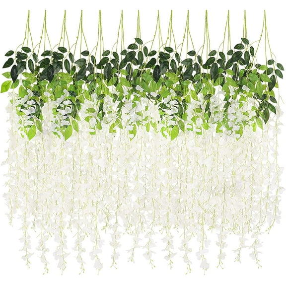 14pcs Wisteria Hanging Flowers 3.6ft Artificial Wisteria Vines Fake Hanging Garland Silk Flowers for Wedding Garden Outdoor Party Home Wall Decoration (White)