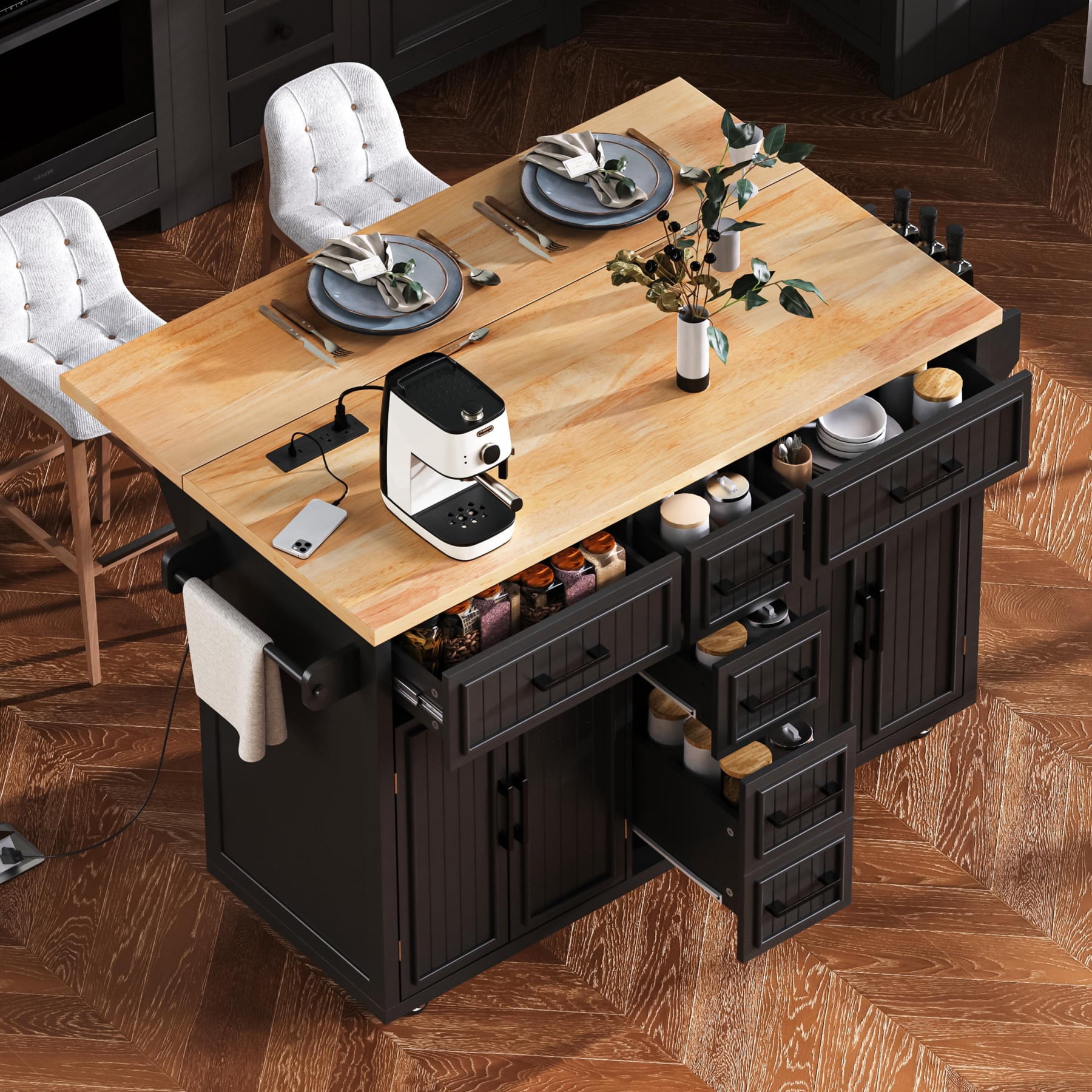 Harper & Bright Designs Kitchen Island with Drop Leaf, Rolling Kitchen Cart on Wheels with Doors, Drawers and Power Outlet for Dining Room, Black