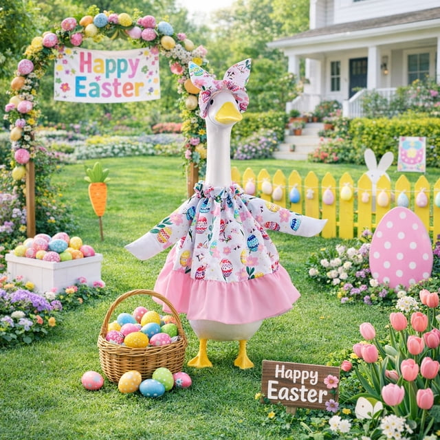 Conjunto de disfraz de ganso de Pascua para estatua de ganso de jardín de 23 pulgadas | Vestido y sombrero de poliéster multicolor | Decoración duradera de jardín en terrazas para exhibición