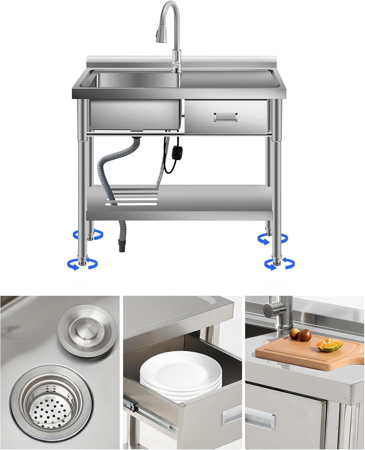 Accreate 39 Inch Single Bowl Stainless Steel Utility Sink, Free Standing Unit with Drawer, Workbench, Storage Rack, Faucet & Full Plumbing Set