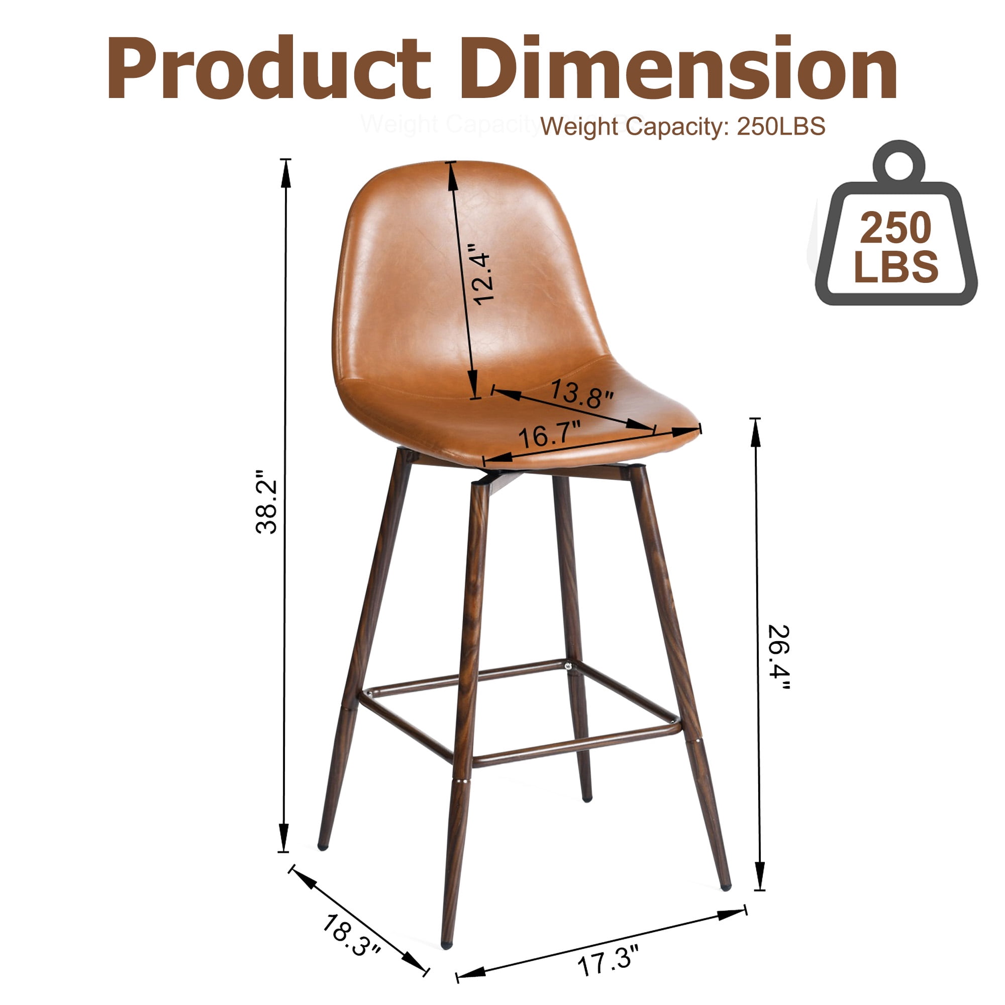 Lot de 2 tabourets de bar pivotants d'extérieur Homy Casa, design moderne du milieu du siècle, sièges rembourrés en cuir synthétique pour jardin et terrasse, cognac