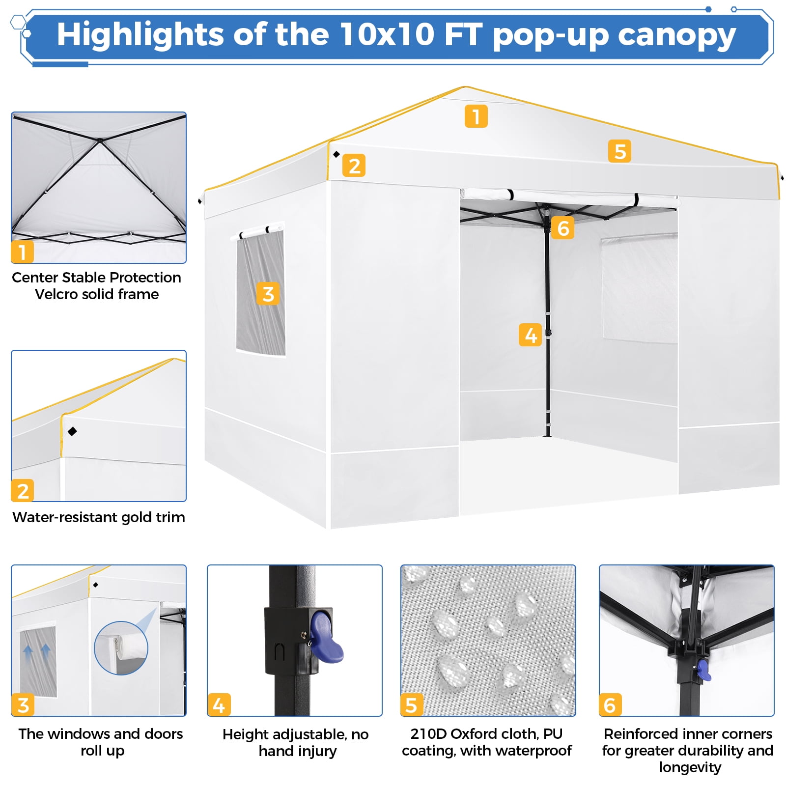 HOTEEL 10x10 Pop up Canopy with Sidewalls,Waterproof Tent for Parties Wedding Event,Instant Outdoor Gazebos with Carry Bag,Stakes,Ropes & Sandbags,White