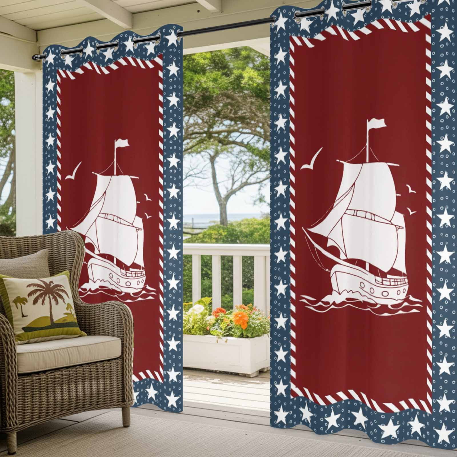 Independence Day Outdoor Curtains for Patio, America Flag Star Ocean Coastal Seaships Seagull Sunshade Privacy Drapes Grommet Waterproof Outside Curtains for Porch/Cabana/Balcony 54"x 108", 1 Panel