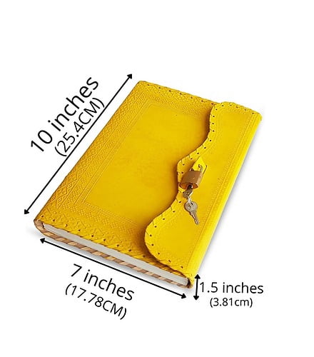 Jaald 10" Leather Journal Blank Notebook Handmade Travel Diary with Lock Writing Bullet Journal Christmas Gift Yellow Sketchbook for Artists