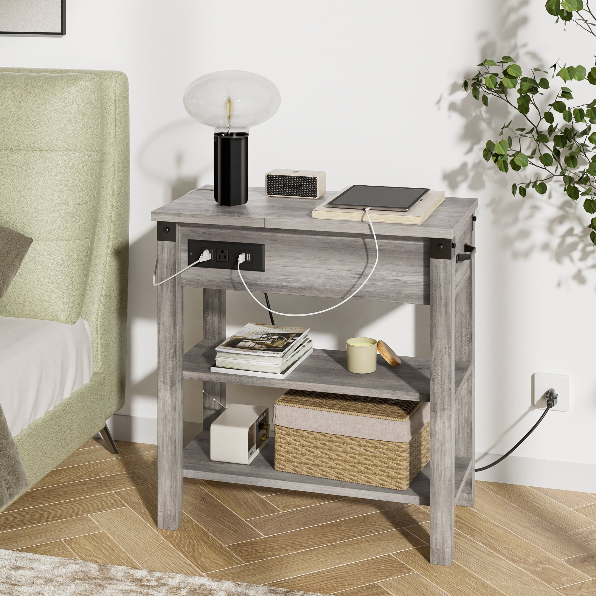 End Table with Charging Station, 3Tier Narrow Side Table with Drawer