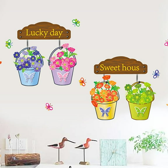 Cartoon Barrel Flowers "Lucky Day" Wall Decal Sticker - DIY PVC Removable Transparent Film Self-Adhesive Mural Art for Living Room, Bedroom, Kids Room, Nursery, TV, and Sofa Background Decor