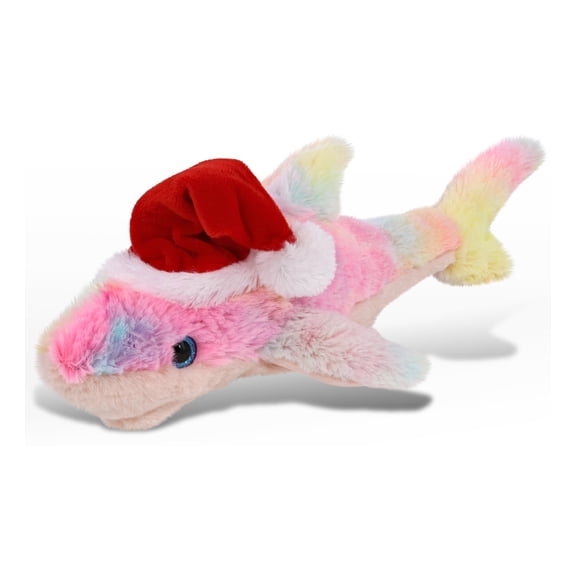 DolliBu Santa Rainbow Shark Stuffed Animal Plush Toy - Super Soft Wild Animal Dress Up with Red Santa Claus Hat, Cute Wildlife Gift, Perfect Holiday Christmas Gift - 14 Inch
