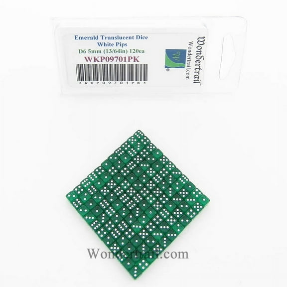 Emerald Transparent D6 Dice with White Pips 5mm (13/64in) Pack of 120 Wondertrail
