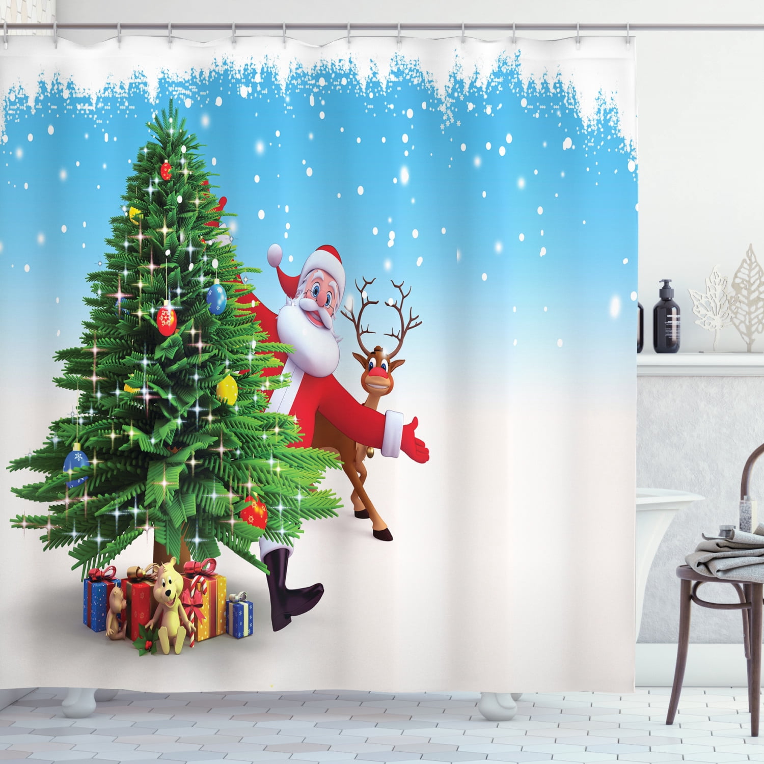 Ambesonne Santa Shower Curtain, Xmas Reindeer Presents, 69"Wx84"L