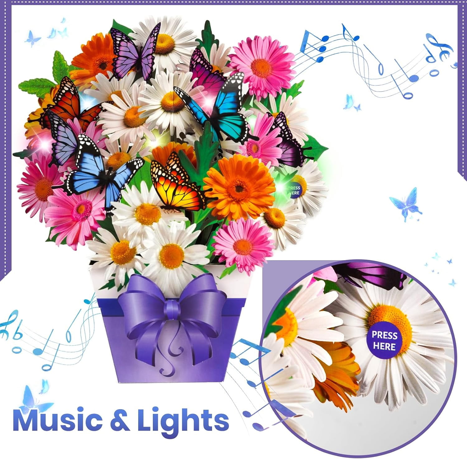 Mothers Day Card, Butterfly Cards with Music and Light, Flower Bouquet Card, Mothers Day Gifts for Mom, Women, Wife, Sister (daisy and butterfly)