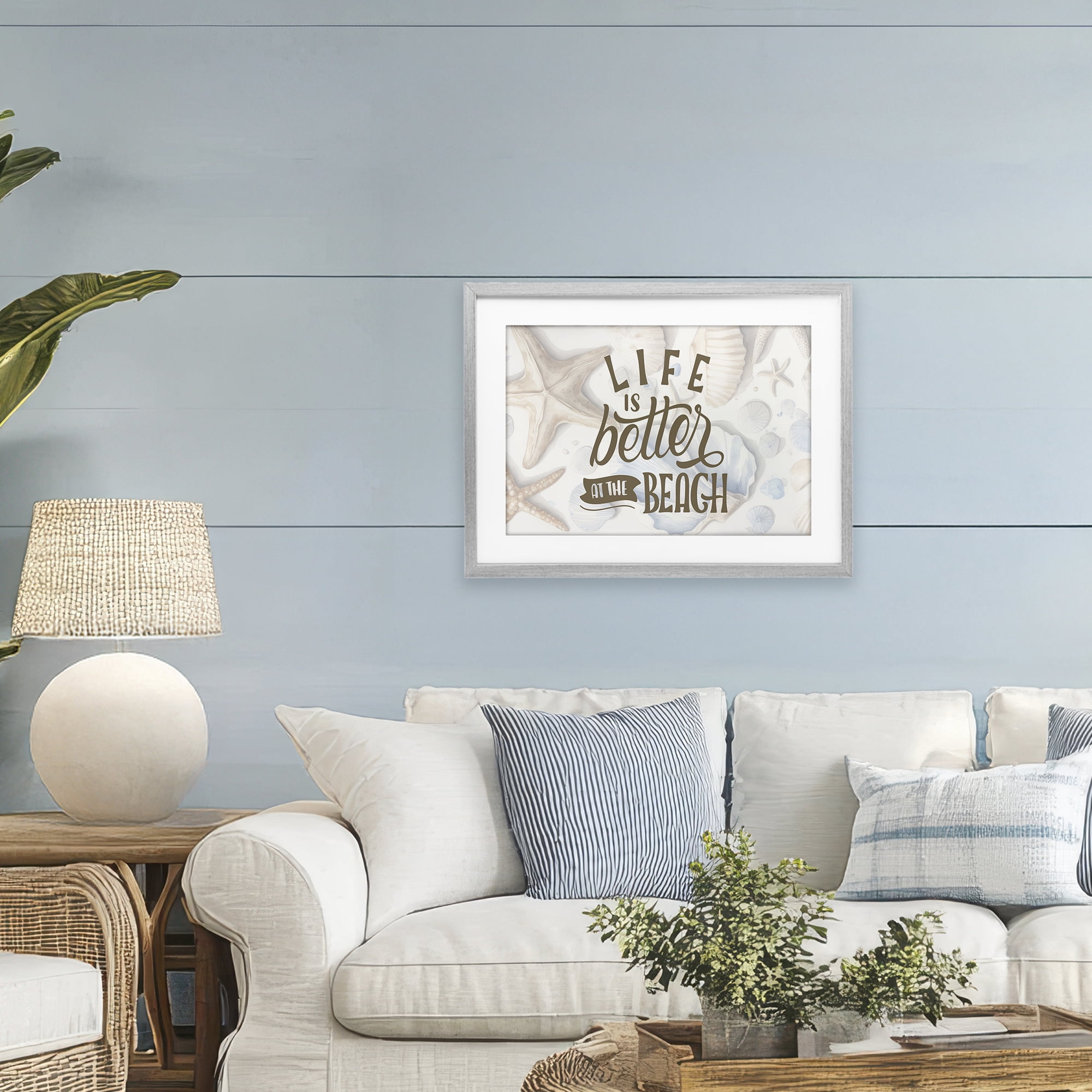 Stupell Industries Better At Beach Seashells Gray Framed Print Under Glass, design by Kim Allen