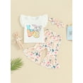 thumbnail image 4 of Musuos Kid Girls Pants Set, 12 18 24M 3 4T Fly Sleeve Letters Print T-shirt with Bunny Print Flare Pants and Headband Easter Outfit, 4 of 10
