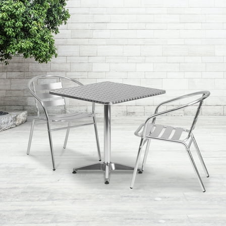 Emma   Oliver 27.5" Square Aluminum Table Set with 2 Slat Back Chairs
