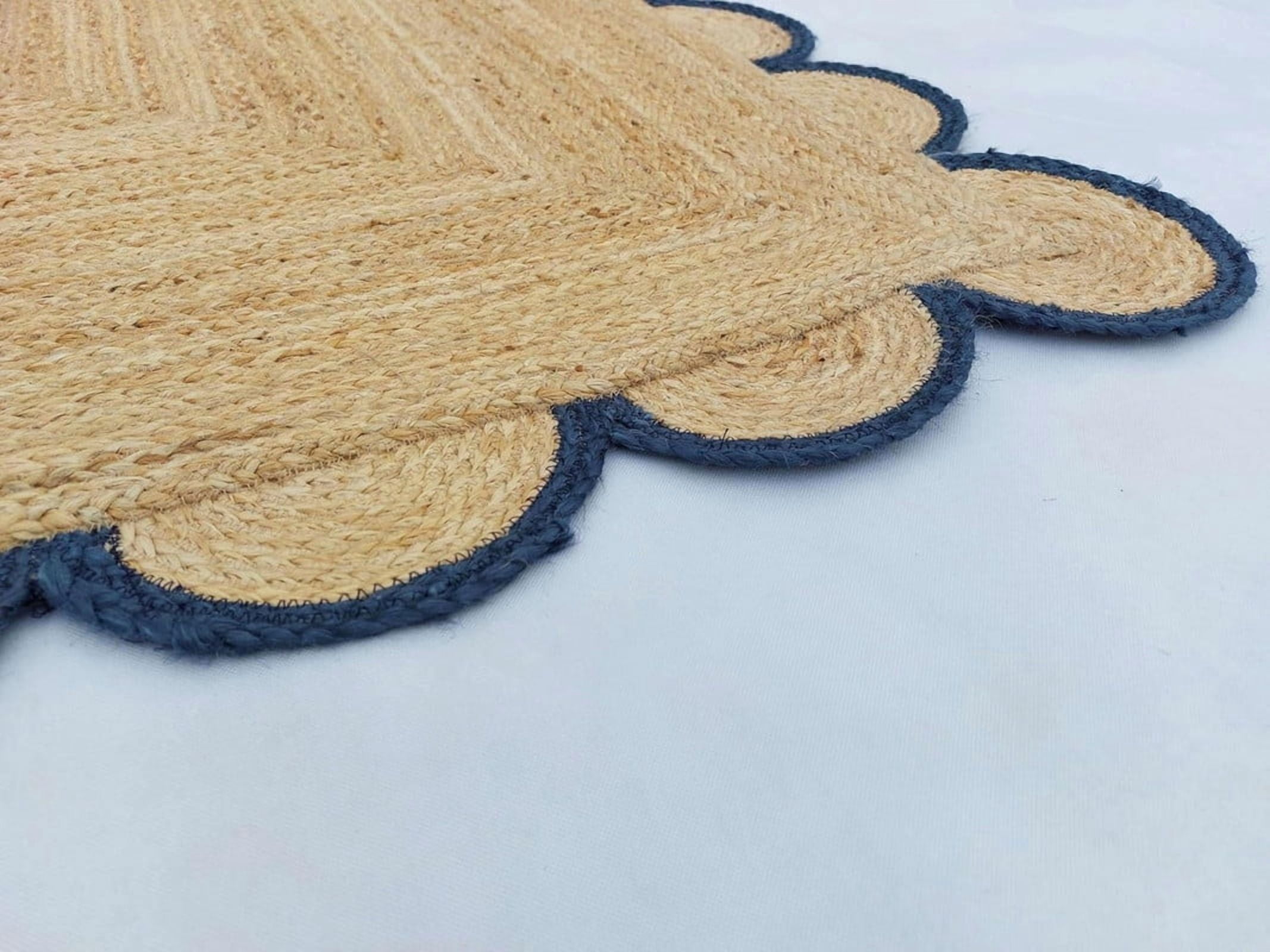 2x7 Ft Navy Blue Border Premium Scalloped Jute Rug – Handcrafted Natural Braided Carpet for Living Room, Bedroom, Entryway, Boho Home Decor