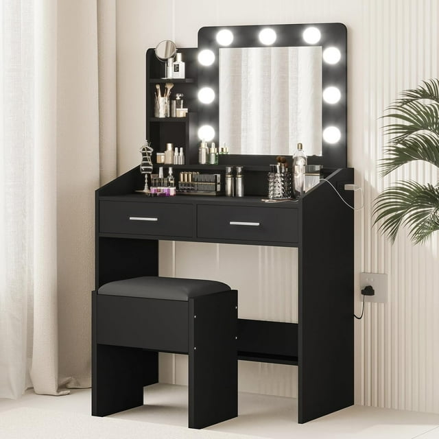 Vanity Desk with Mirror & Lights, Power Outlet, Stool, 3 Lighting Modes