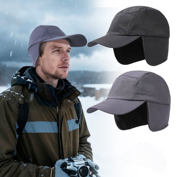 2WIN2BUY Winter Hat with Ear Flaps, Windproof Warm Fleece Beanie Cap for Men Women, Black