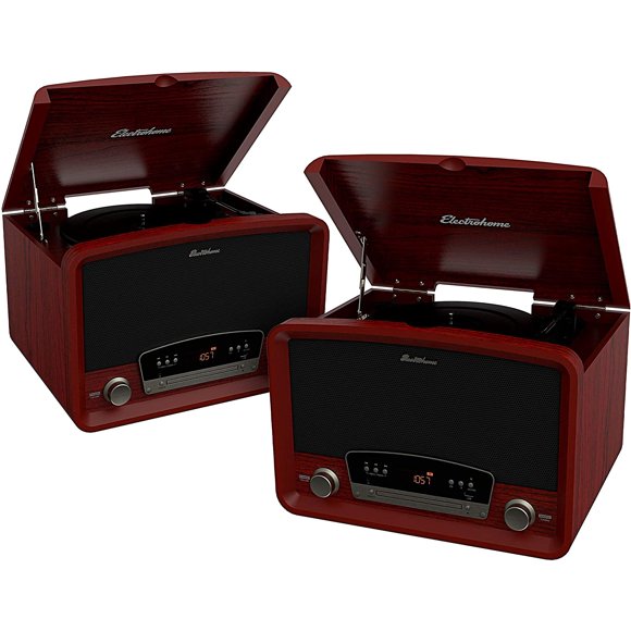 Electrohome Kingston 7-in-1 Vintage Vinyl Record Player Stereo System with 3-Speed Turntable, Bluetooth, AM/FM Radio, CD, Aux In, RCA/Headphone Out, Vinyl/CD to MP3 Recording & USB Playback - 2 PACK