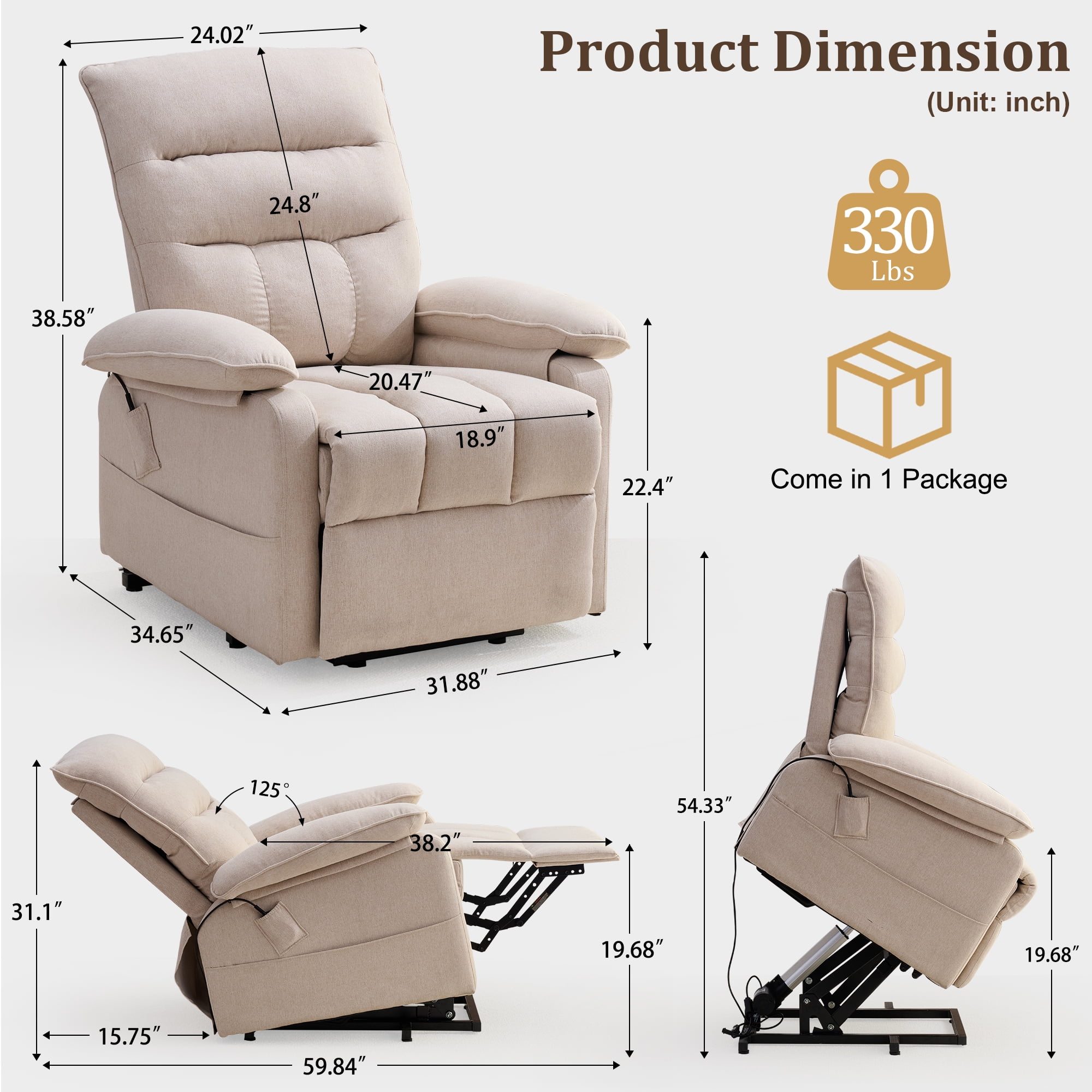 Korser Small Power Lift Recliner Chair for Elderly with Side Pockets Lift Chair for Small Spaces for Living Room,Linen,Khaki