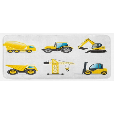 

Cartoon Kitchen Mat Style Heavy Machinery Truck Crane Digger Mixer Tractor Construction Plush Decorative Kitchen Mat with Non Slip Backing 47 X 19 Yellow and Grey