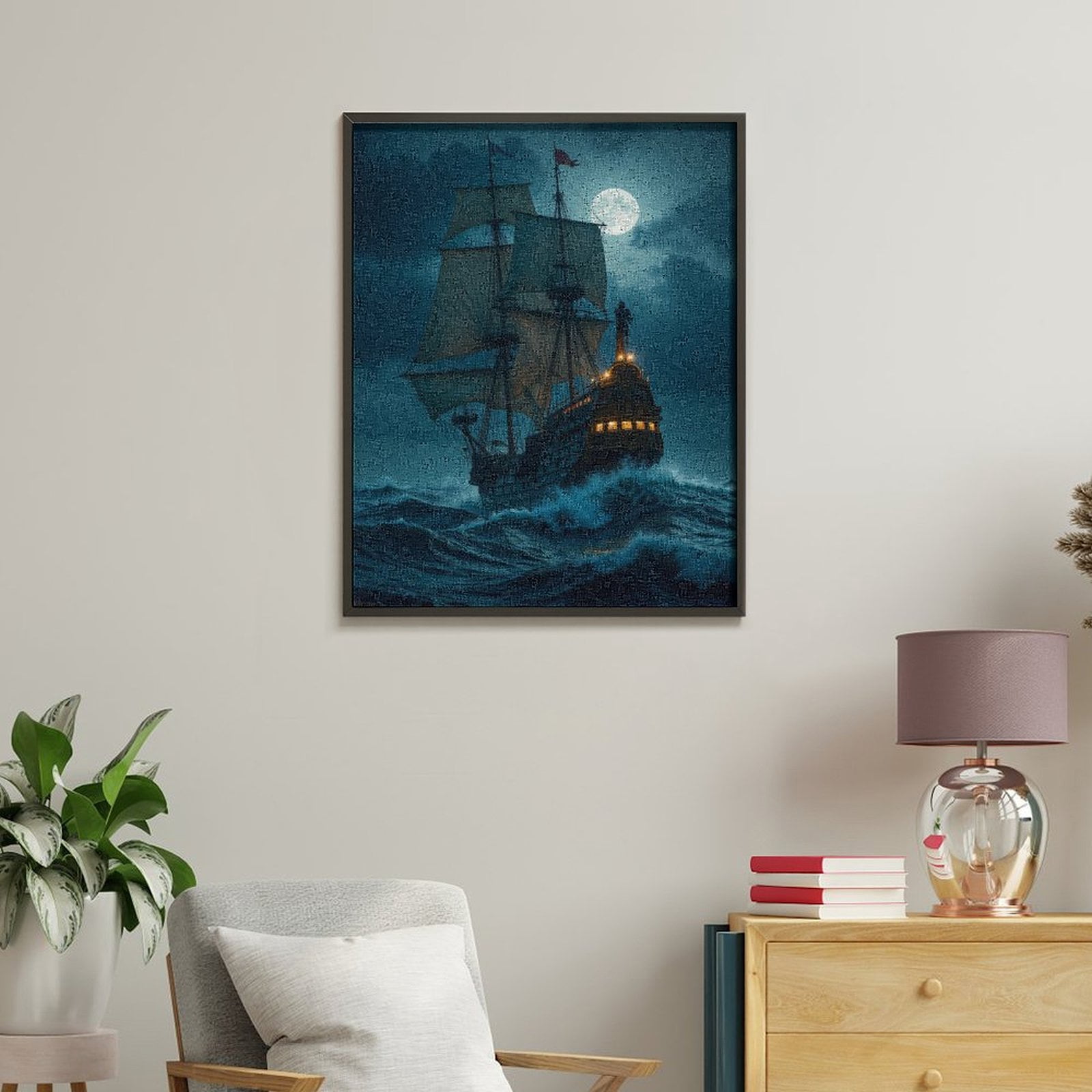 Paint By Numbers Kit for Adults Beginner - DIY Moonlit Sailing Ship Ocean Waves Canvas Painting Kits for Adults, Frameless Paint By Number for Adults for Home Wall Decor 16x20 Inch
