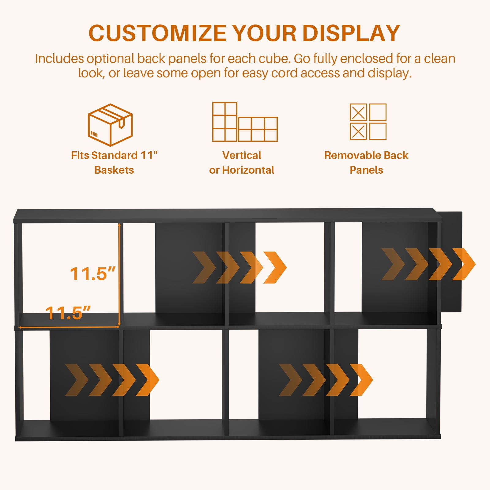 Atilioo 8 Cube Storage Organizer, Open Bookcase, Space-Saving Display Shelf with Removable Back Panels, Easy Assembly, Black