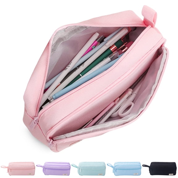Rirool Large Capacity Pencil Case with Initial Letter, Expandable Pencil Pouch with Zipper, Cute Aesthetic Pen Bag for School Supplies, Kids Teen Girls Adults Pink